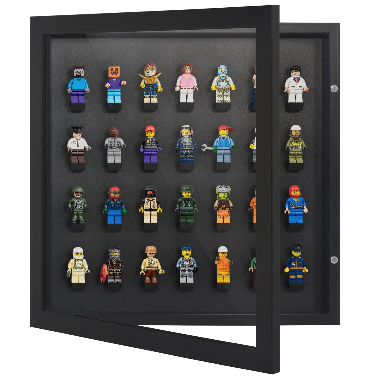Americanflat 14x14 Minifigure Display Case with Polished Plexiglass - Holds 28 Minifigures - Freestanding or Wall-Mounted Display Case for Small Toy Collectibles - Black